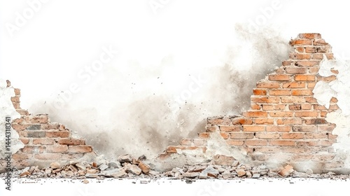 Broken brick wall with collapsed section and dust on white background.