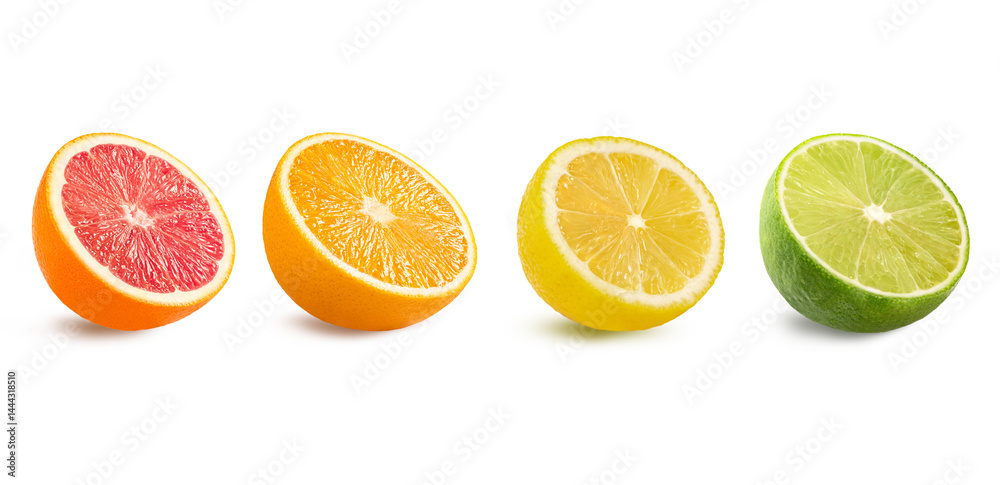 Fototapeta premium Set of citrus fruits with half isolated on white background