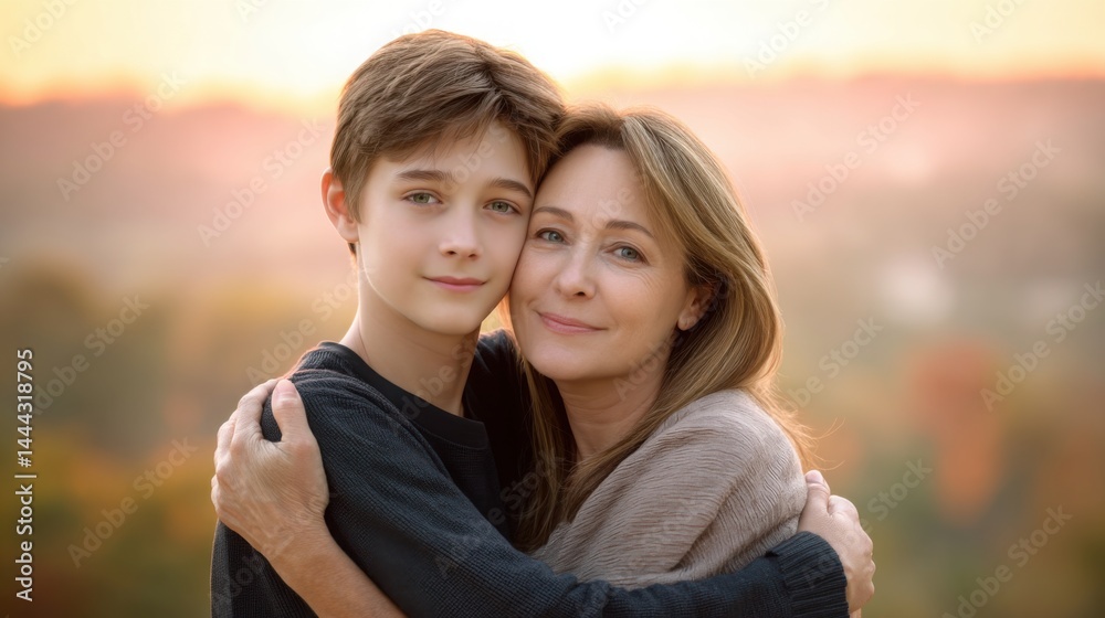 Fototapeta premium hyper-realistic portrait of a mother warmly hugging her teenage son at sunset, golden light casting a soft glow, focus on emotional