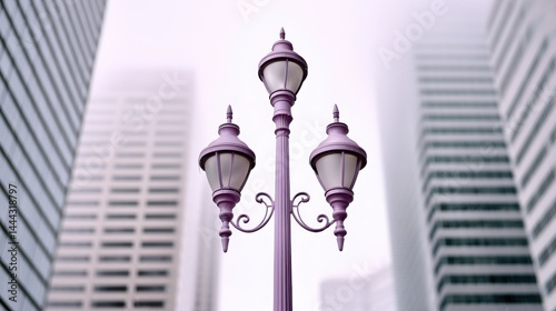 Light lavender streetlight rising among neutral skyscrapers, pastel tone against urban monotony
