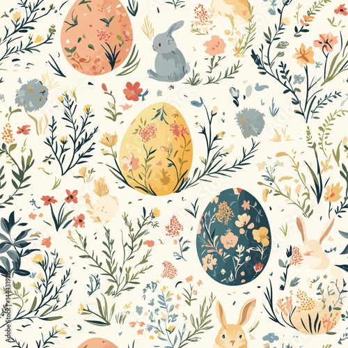 Seamless Easter pattern with pastel-colored eggs, bunnies, and spring flowers. Ideal for holiday designs, greeting cards, and festive decorations.