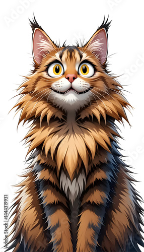 Smiling Fluffy Cat with Big Eyes on Transparent Background