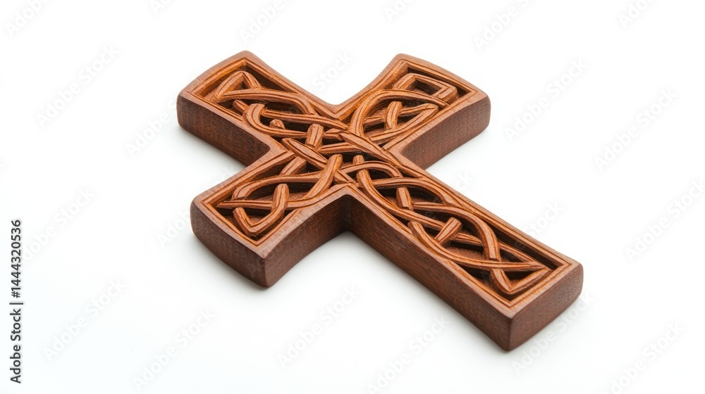 Carved wooden cross with intricate Celtic knot patterns on white background. Carved wooden cross with intricate Celtic knot patterns on white background.