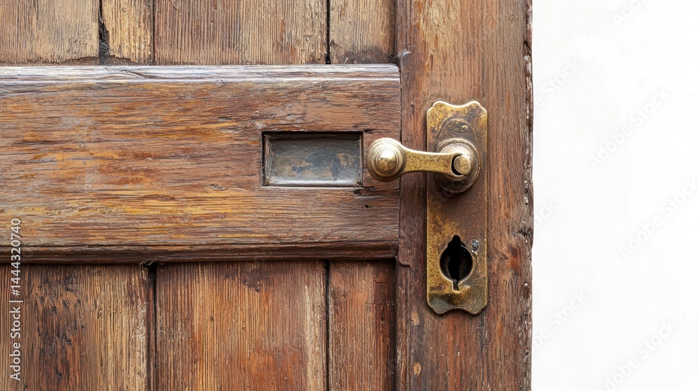 Fototapeta premium Carved wooden door with small window and brass latch, partially opened on white background.