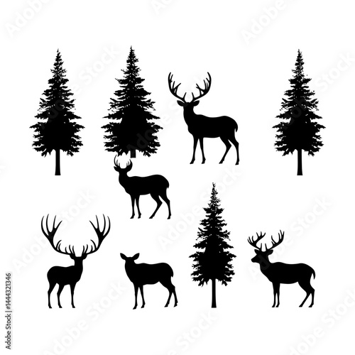 Deer Silhouette in Misty Forest – Clipart Set