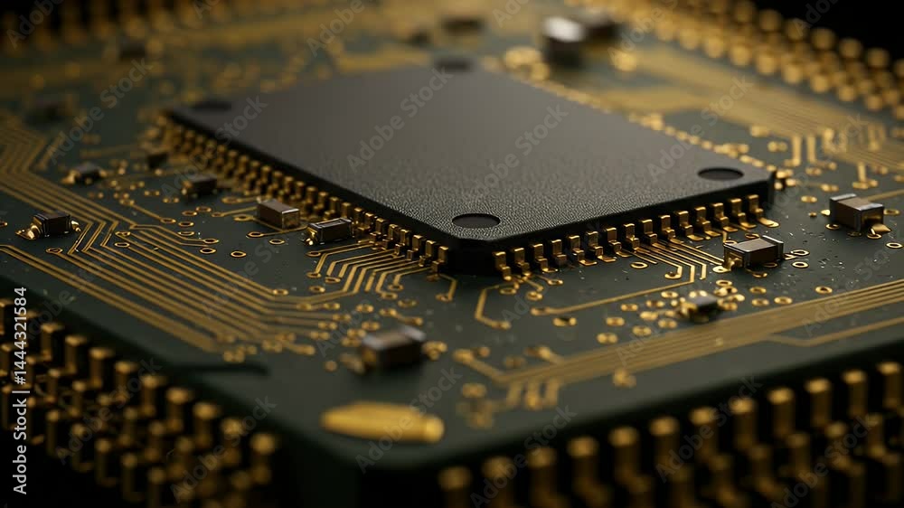 Close-up of a Microchip's Intricate Design: A Glimpse into the World of Technology
