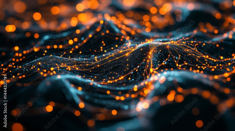 Abstract glowing particle wave, digital data flow, network connection visualization. Abstract glowing particle wave, digital data flow, network connection visualization.