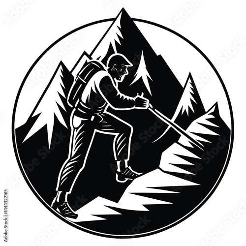 Mountain Climber Ascending Rocky Peak A Black and White Illustration