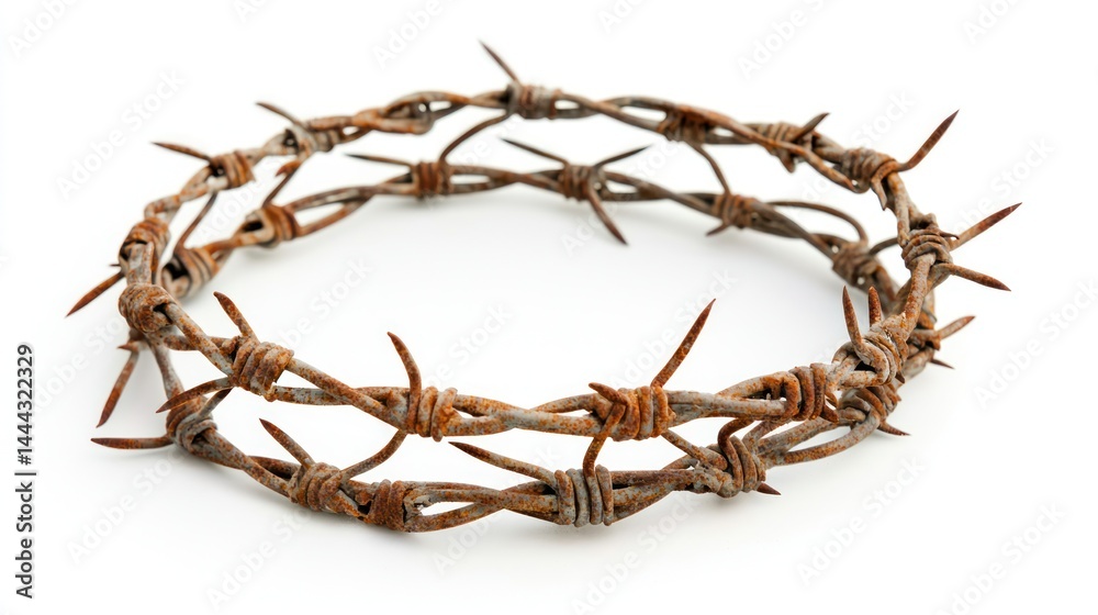 Fototapeta premium \Circular barbed wire with rusted sharp tips on white background.
