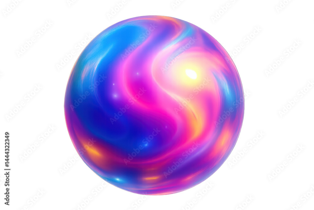 Vibrant, glowing sphere with swirling neon colors and a glossy, reflective surface.