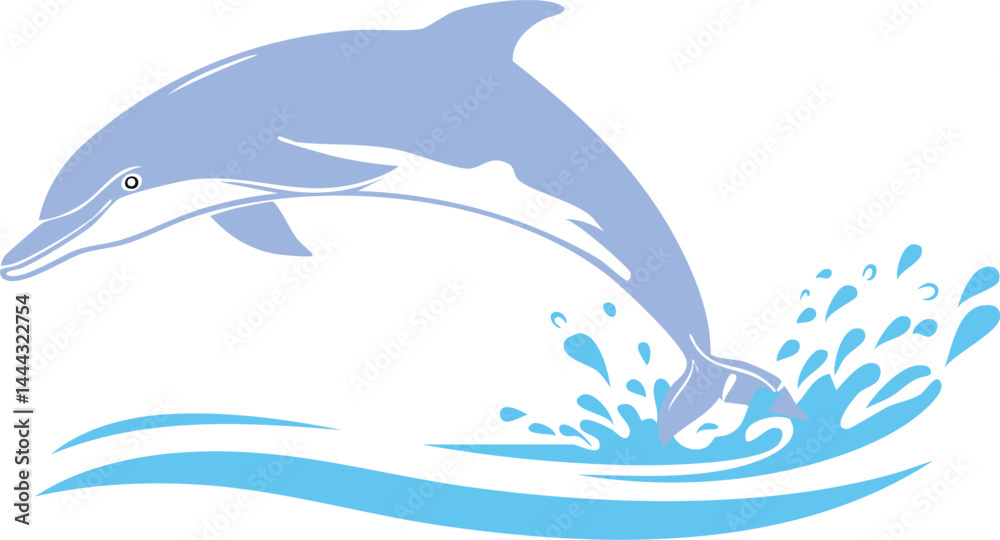 Fototapeta premium Vector Stylized Dolphin Illustration with Light Blue Silhouette Jumping Over Water and Splashing Waves