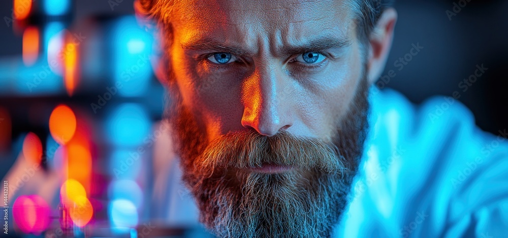 Intense Gaze of a Bearded Scientist in a Laboratory