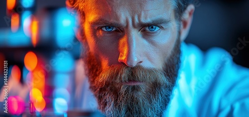 Obraz na płótnie Intense Gaze of a Bearded Scientist in a Laboratory w salonie