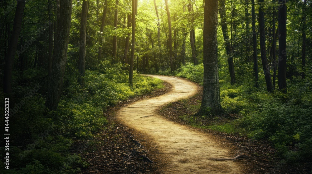 Obraz premium Sunlit Path Through Verdant Forest: A Journey of Tranquility