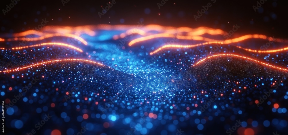 Abstract Blue and Orange Glowing Particle Waves