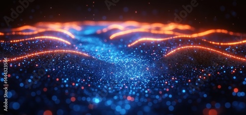 Obraz na płótnie Abstract Blue and Orange Glowing Particle Waves w salonie