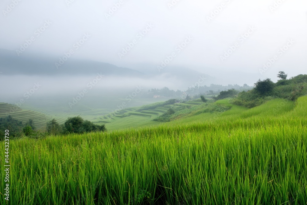Obraz premium tranquil rice paddy field in vietnam enveloped in early morning mist showcases serene beauty of rural landscapes