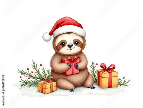 Cute card for christmas with a little sloth and gifts. Fancy watercolor drawing. AI generation