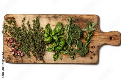 Cutting board with fresh herbs and spices, top view,