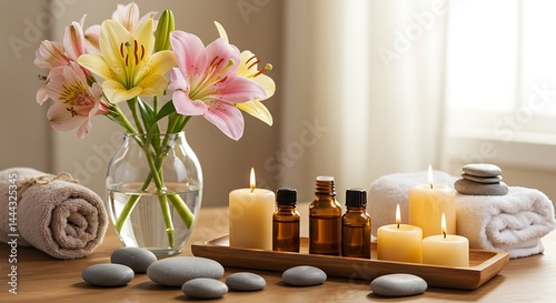 Serene Spa Setup with Flowers, Essential Oils, Candles, and Stones for Relaxation photo