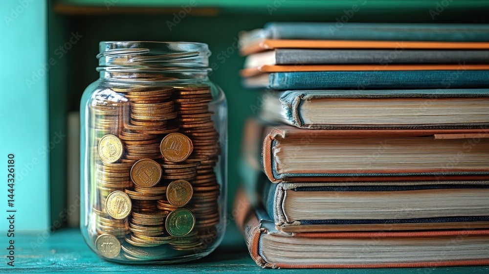 Financial Literacy: Saving for Education, a Jar of Coins Beside a Stack of Books