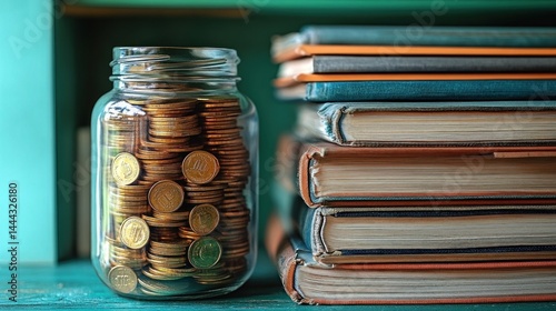 Obraz na płótnie Financial Literacy: Saving for Education, a Jar of Coins Beside a Stack of Books w salonie