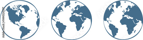Vector Globe Illustrations Featuring World Map Projections and Minimalist Planet Designs in Blue and White