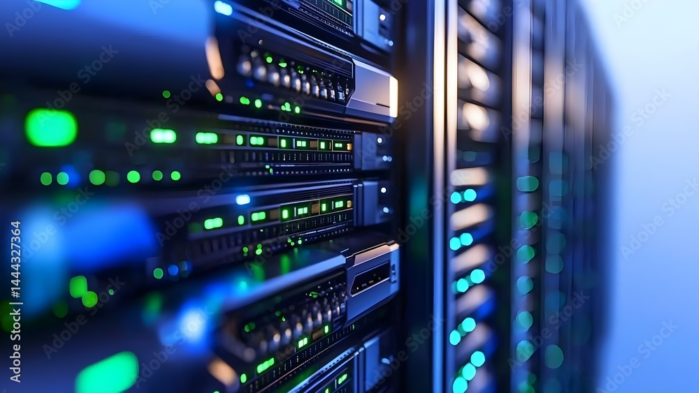 A series of server racks with illuminated lights, commonly found in data centers, indicating activity and connectivity. Concept Data Center Infrastructure, Server Rack Design A series of server racks with illuminated lights, commonly found in data centers, indicating activity and connectivity. Concept Data Center Infrastructure, Server Rack Design