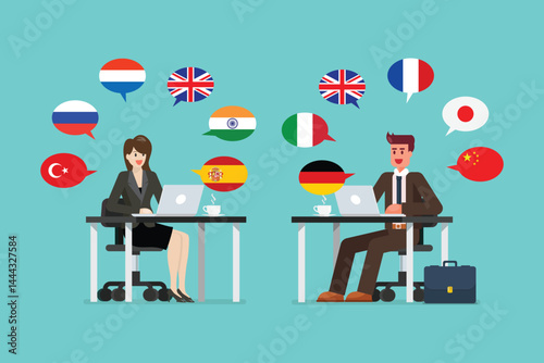 Business people working on a laptop speaking many different languages photo