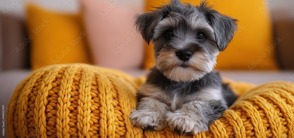 Adorable Miniature Schnauzer Puppy Relaxing on a Cozy Yellow Knitted Blanket