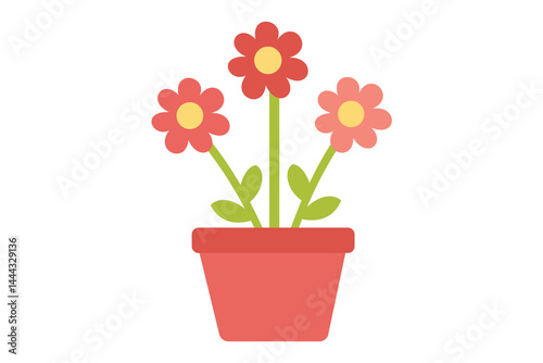 Simple, flat design of three red flowers in a terracotta pot. Vibrant red flowers in a terracotta pot, perfect for spring design projects.