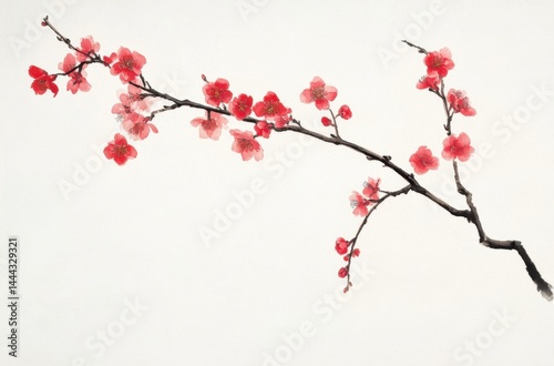 Delicate sakura blossom branch against a soft white