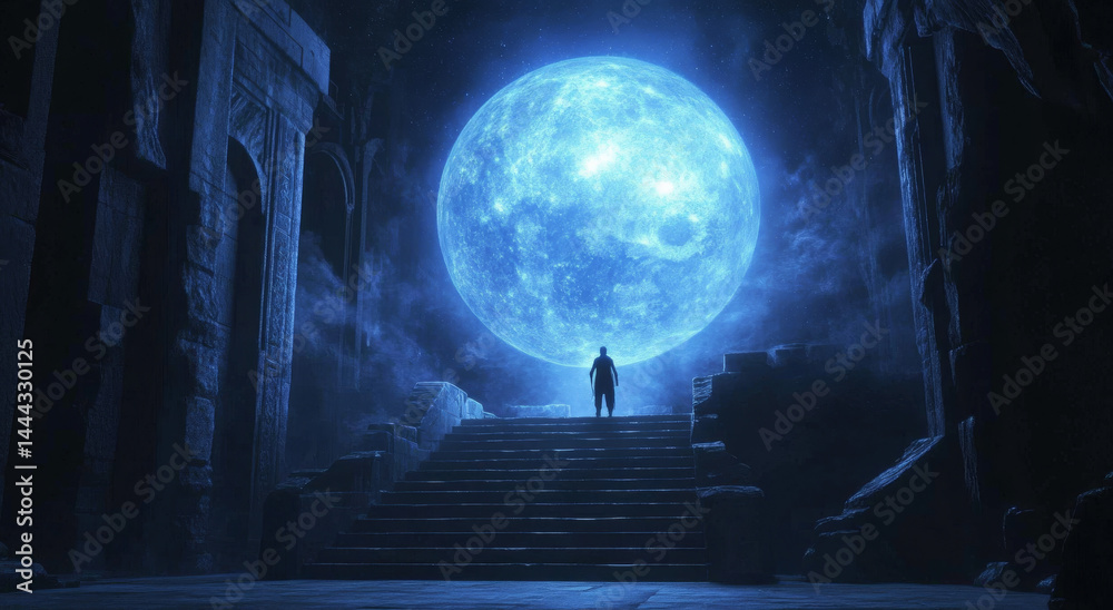 person standing on stairs in mystical setting, gazing at large blue moon illuminating scene. atmosphere is ethereal and enchanting, evoking sense of wonder and exploration person standing on stairs in mystical setting, gazing at large blue moon illuminating scene. atmosphere is ethereal and enchanting, evoking sense of wonder and exploration