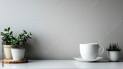 Wallpaper Mural Serene Minimalist Workspace Coffee Cup, Plants, and a Blank Wall Torontodigital.ca
