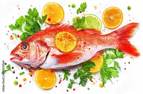 Deliciously served red snapper with colorful spices,
