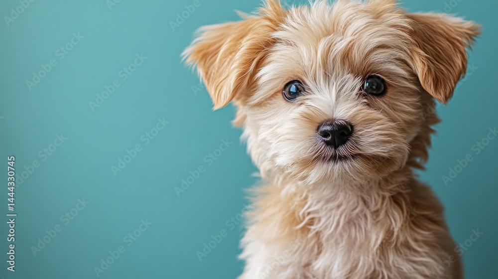 Adorable Fluffy Puppy Portrait Against Teal Background