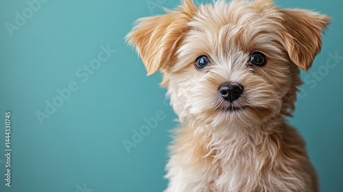 Adorable Fluffy Puppy Portrait Against Teal Background