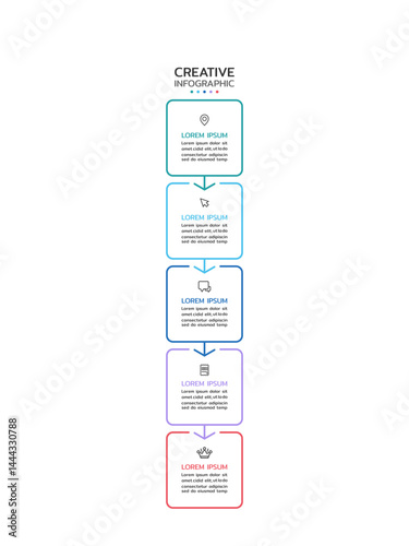 Creative infographic template featuring a vertical series of five connected rounded squares with a gradient from teal to red outlines. Each square contains an icon and text space. Vector illustration.