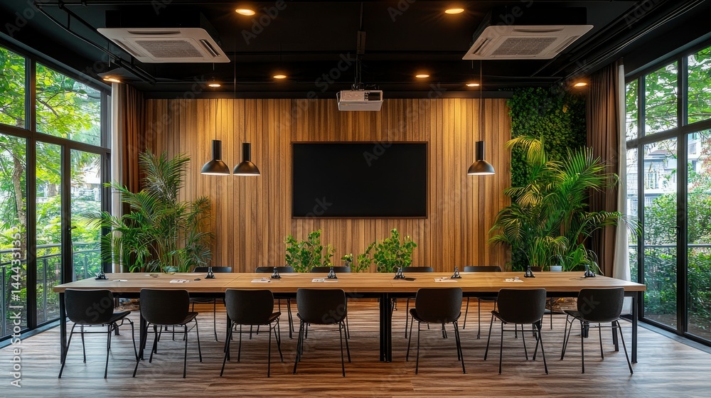 Fototapeta premium Modern Conference Room with Wooden Walls and Lush Greenery