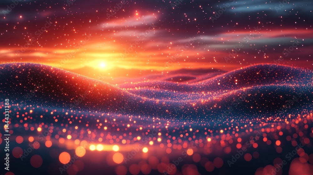 Sparkling Sunset Over a Glittering Landscape: A Digital Masterpiece