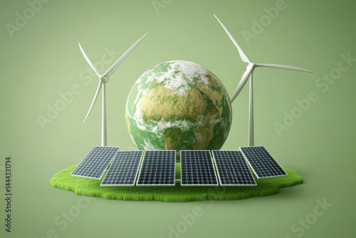 illustration of Earth surrounded by solar panels and wind turbines, symbolizing renewable energy and sustainability. This evokes sense of hope for greener future