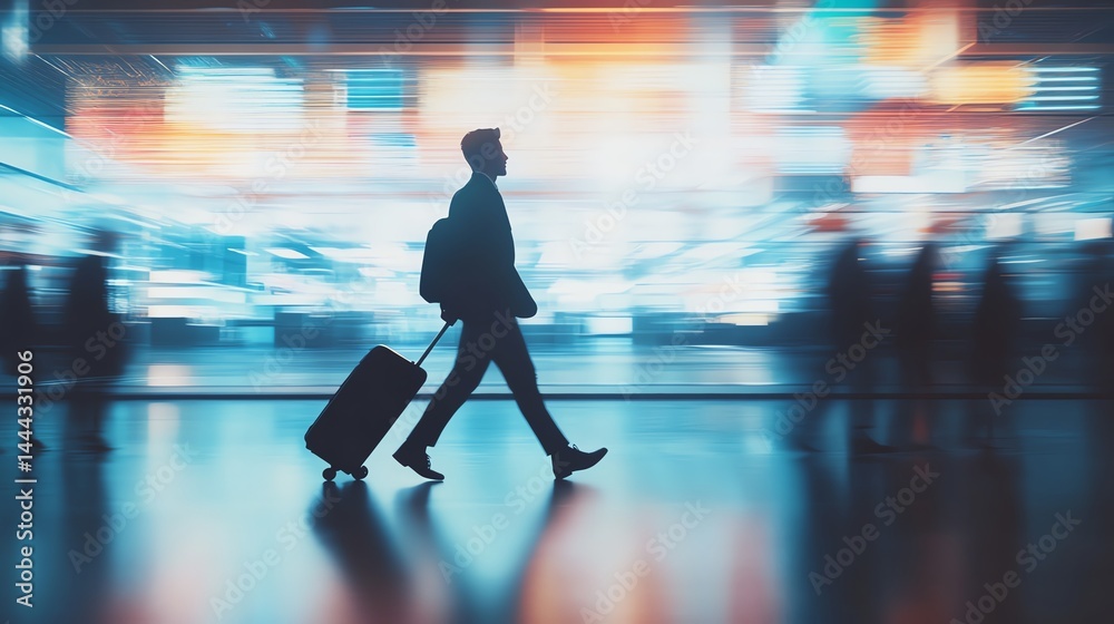 Fototapeta premium A person with a suitcase walks through a brightly lit, modern, and busy transportation hub with a blurred, colorful background.