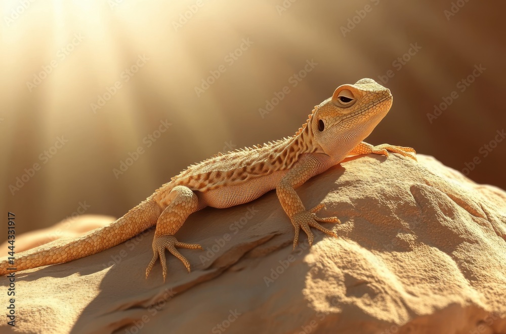 Naklejka premium Desert lizard basking on sunlit rock, survival in arid zone