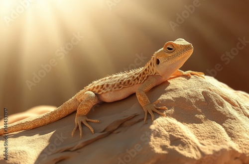Desert lizard basking on sunlit rock, survival in arid zone