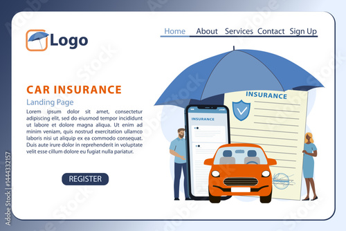 Landing page with car insurance theme, can be used for, template, ui, web, mobile app, poster, banner, flyer Vector illustration