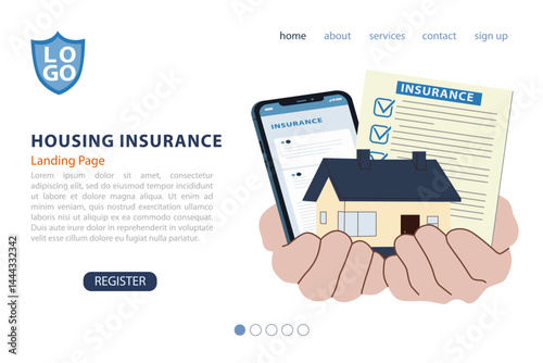 Landing page with home, housing, premises insurance theme, can be used for, template, ui, web, mobile app, poster, banner flyer Vector illustration