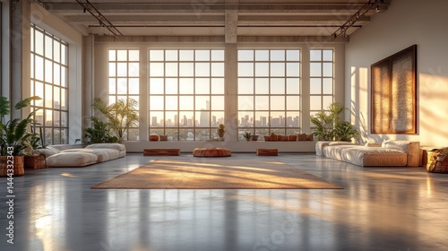Obraz na płótnie Serene Loft Apartment with City Skyline View at Sunset w salonie