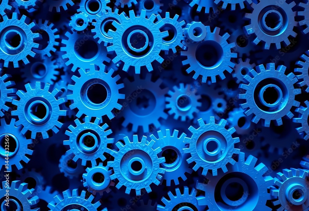 Abstract image of numerous blue gears, suggesting complex business strategy and logical thinking, productivity, challenge Abstract image of numerous blue gears, suggesting complex business strategy and logical thinking, productivity, challenge