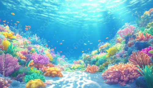 Fototapeta Naklejka Na Ścianę i Meble -  Bright underwater scene featuring colorful coral reefs, vibrant marine life, and shimmering sunlight filtering through water. This serene environment evokes sense of tranquility and wonder