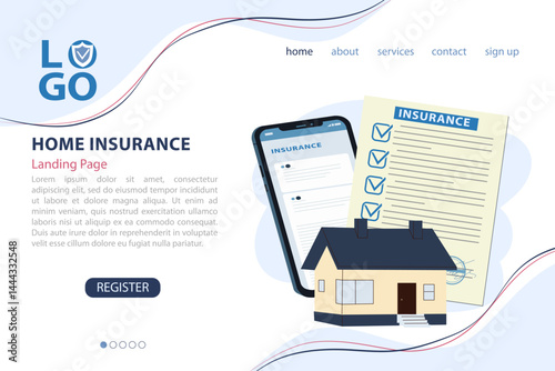 Landing page with home insurance theme, can be used for, template, ui, web, mobile app, poster, banner, flyer Vector illustration